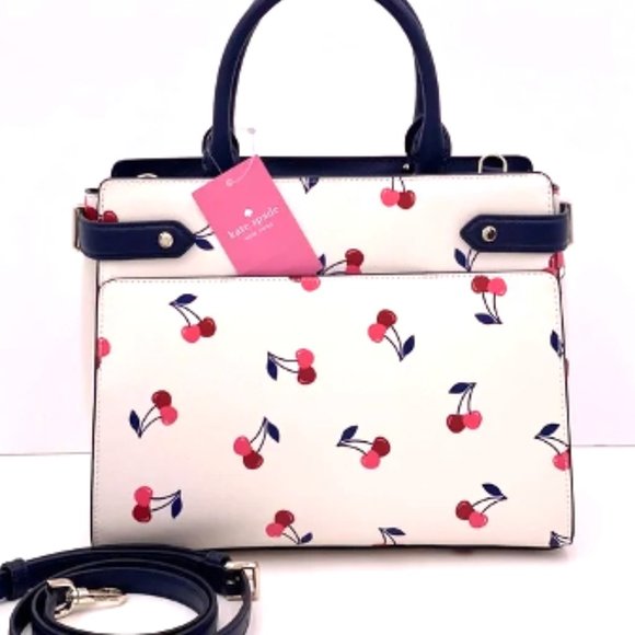 NWT Kate Spade Dancing Cherries Leather Shoulder Bag Crossbody Cream White Blue - Picture 3 of 16